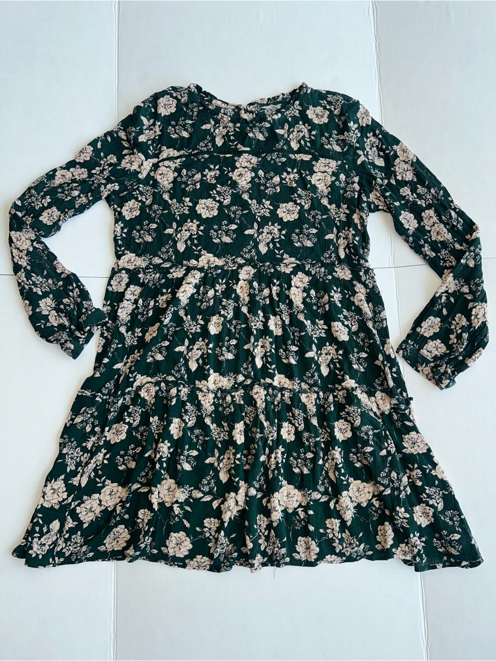 Long Sleeve Forest Green Floral Tiered Mini Dress - Picture 2 of 8
